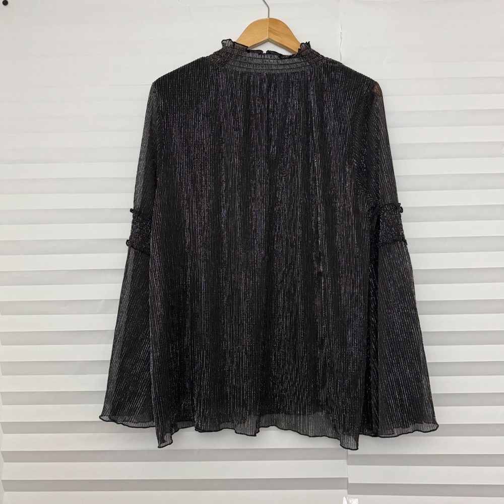 Belldini Black Metallic Lurex Pleated Bell Sleeve Whimsigoth Blouse XL Mock Neck
